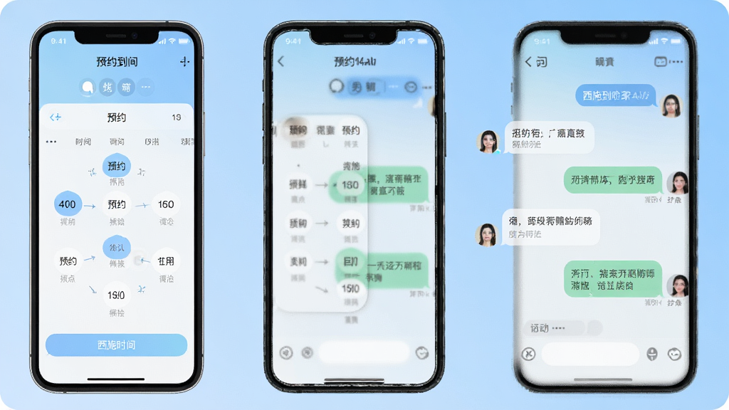 一张展示西施到家APP在线预约与聊天界面的手机截图,画面中手机屏幕显示预约时间选择器和聊天对话框,对话框内有文字气泡,背景为柔和的蓝色渐变,风格清新简洁,细节清晰,画质干净,无多余元素