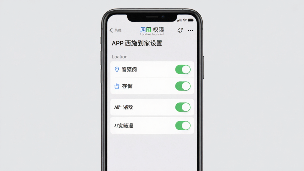 一张展示西施到家APP权限设置界面的手机截图,画面中手机屏幕显示定位、存储、通知等权限开关,背景为浅灰色,风格简洁明了,细节清晰,画质干净,无多余元素