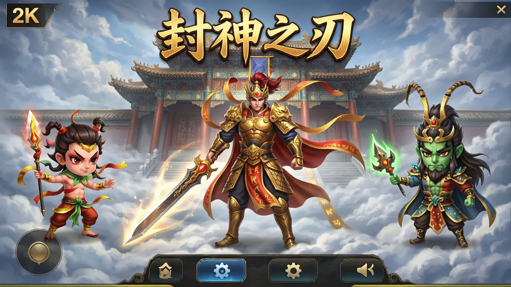 封神之刃游戏主界面全景展示,画面中央为身披金甲的主角手持神剑站立于云端,背景是巍峨的南天门与翻滚的云海,左右两侧分布着哪吒与杨戬的Q版助战形象,顶部显示游戏名称“封神之刃”四个金色大字,底部为功能按钮区域,整体布局采用经典手游UI排版,风格为国风玄幻写实,细节包含飘带、光效、符文纹理,画质为2K高清,画面干净无多余元素