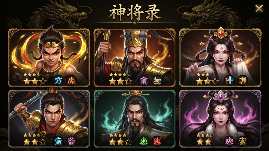 封神之刃神将收集界面展示,画面以九宫格形式排列多位封神角色头像,包括哪吒、杨戬、姜子牙、妲己等,每个头像下方标注稀有度星级与属性图标,界面背景为暗金色龙纹图案,顶部有“神将录”三个大字,整体风格为国风卡牌收集界面,细节包含角色动态光效与品质边框,画质高清,布局整洁干净