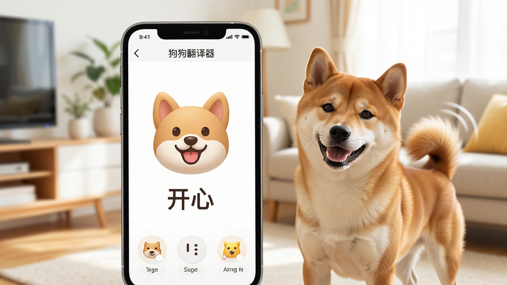 一张展示狗狗翻译器情绪反馈界面的图片,手机屏幕显示一个开心的狗狗表情和文字“开心”,旁边有一只柴犬在摇尾巴,背景是明亮的客厅,布局手机居中,风格温馨可爱,细节包括表情图标圆润、文字清晰、手机有“狗狗翻译器”界面元素,画质清晰,干净,无多余元素