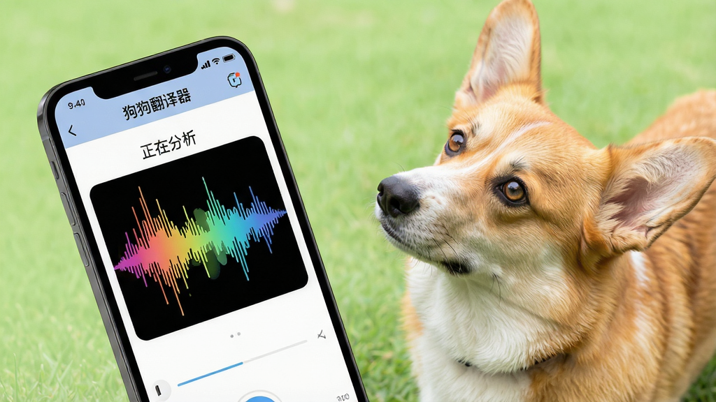 一张展示狗狗翻译器声纹分析功能的图片,画面中心是手机屏幕特写,屏幕显示彩色声波图形和“正在分析”字样,旁边有一只柯基犬抬头看着手机,背景是浅绿色草地,布局采用对角线构图,风格科技感与可爱风结合,细节包括声波线条流畅、手机界面有“狗狗翻译器”标识,画质清晰,干净,无多余元素