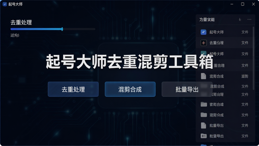 软件主界面截图,展示起号大师去重混剪工具箱的核心功能布局,画面中央为