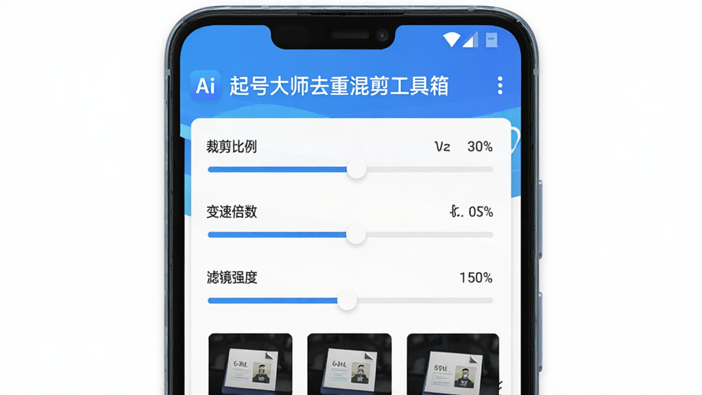 AI生图,画面主体为一部安卓手机屏幕,屏幕中显示起号大师去重混剪工具箱的去重参数设置界面,包含裁剪比例、变速倍数、滤镜强度等滑动条,布局为上下结构,上方是软件名称