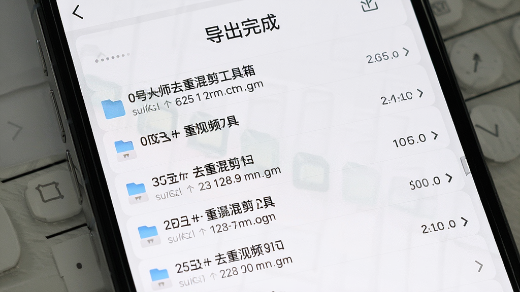 AI生图,画面主体为手机文件管理界面,显示起号大师去重混剪工具箱批量导出的视频列表,文件名按序号排列,布局为竖向列表,顶部有