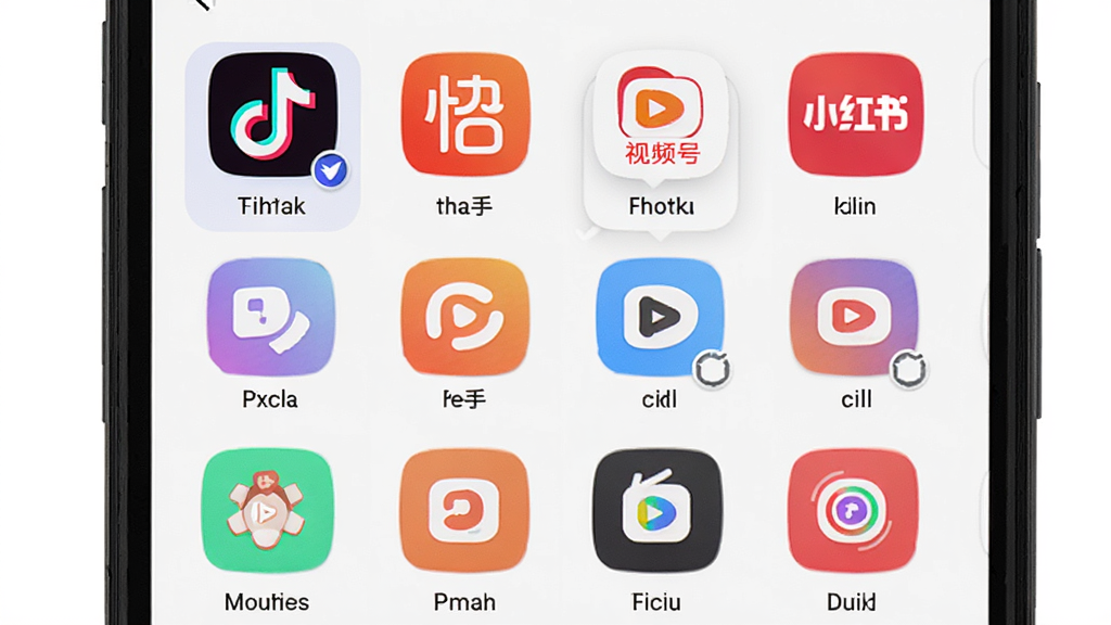 AI生图,手机屏幕显示起号大师去重混剪工具箱的平台选择界面,包含抖音、快手、视频号、小红书等图标按钮,布局为网格排列,风格为明亮扁平化,细节有选中高亮状态与比例标注,画质高清,干净无多余元素