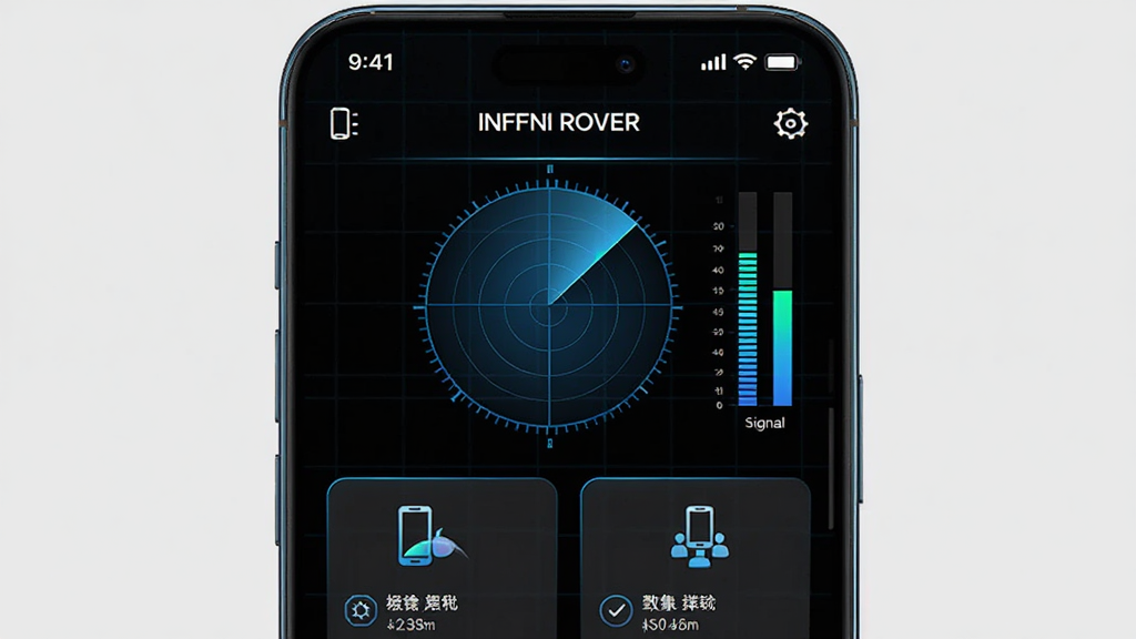 主体是一台智能手机居中放置,屏幕显示INFFNI ROVER软件主界面,界面中有雷达扫描圆形动画和信号强度柱状图,布局采用上下结构上方为状态栏下方为功能卡片,排版简洁,风格为现代科技感深色主题,细节包括蓝色光晕、网格线、设备图标、数据标签,画质高清干净无多余元素