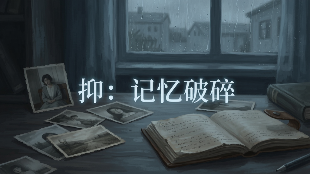 一张安静的室内场景,书桌上散落着几张泛黄的照片和一本打开的日记本,窗外是阴雨天气,整体色调偏灰蓝,画面中央悬浮着发光的文字“抑:记忆破碎”,采用数字插画风格,细节丰富,画质清晰,干净无多余元素。