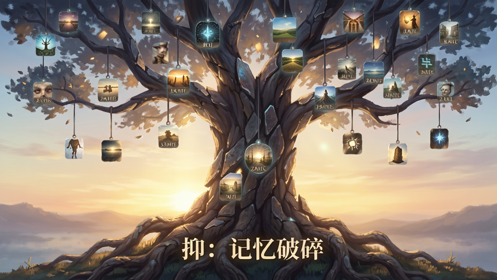 一棵由记忆碎片构成的巨大树木,树枝上挂着发光的节点,每个节点代表一个故事结局,树根处写着“抑:记忆破碎”,背景是晨曦微光,风格为梦幻插画,细节丰富,画质高清,干净无多余元素。