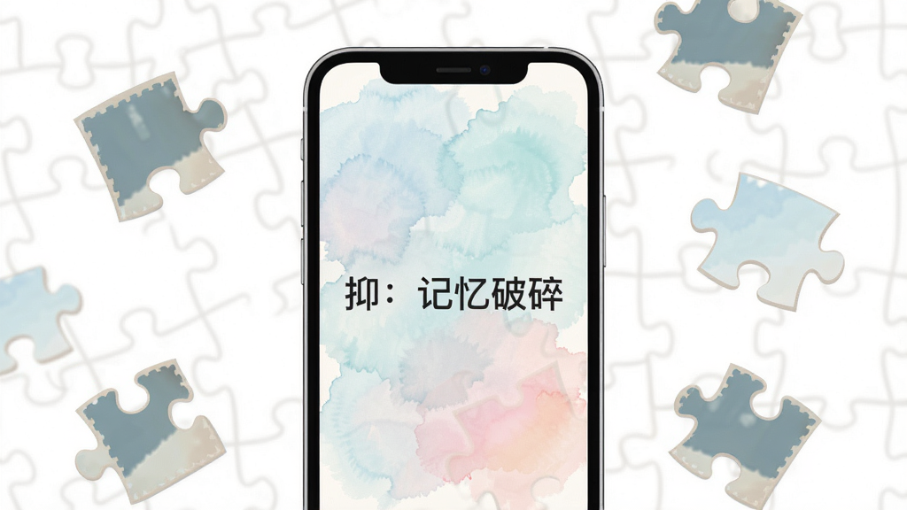 一个简约风格的手机屏幕界面展示,屏幕中显示着“抑:记忆破碎”的标题画面,背景是柔和的水彩晕染效果,周围散落着几片拼图形状的记忆碎片,风格为扁平化设计,画质清晰,干净无多余元素。