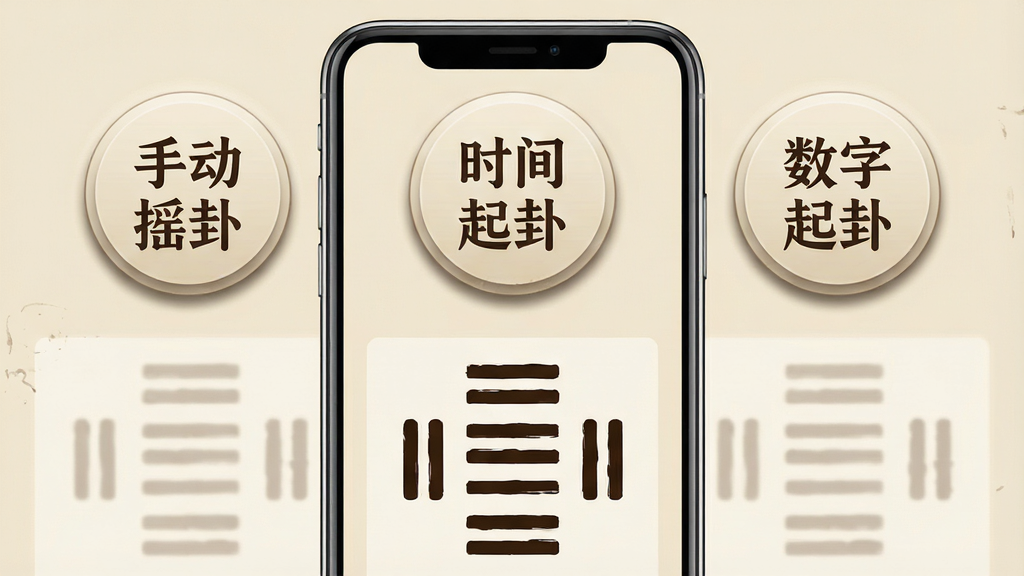 一张展示三种起卦方式入口的手机界面图,画面中央是手机屏幕,上方并排三个圆形按钮分别标注