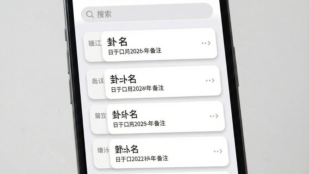 一张手机屏幕展示六爻卦例历史记录列表的图片,画面中央为手机界面,列表按时间顺序排列多条卦例记录,每条记录显示卦名、日期与简要备注,顶部有搜索框,采用白色卡片式布局配浅灰背景,排版整齐,风格简约现代,细节上卡片有圆角与轻微阴影,画质清晰,干净,无多余元素