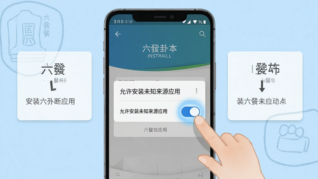 一张展示安卓手机安装六爻断卦应用的步骤示意图,画面中央为手机屏幕,屏幕显示安装权限设置界面,有