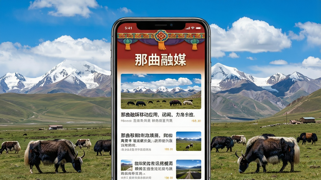 一幅展现那曲融媒移动应用界面的宣传图,画面中央是一部智能手机,手机屏幕上展示着那曲融媒APP的首页新闻资讯列表,上方有藏式风格的装饰纹样,背景是那曲草原与雪山的壮丽景色,蓝天白云下牦牛悠闲吃草,整体布局为手机居中、背景环绕,风格写实且具有民族特色,细节上突出手机屏幕中“那曲融媒”四个字的清晰标题和新闻卡片,画质高清、干净、无多余元素。