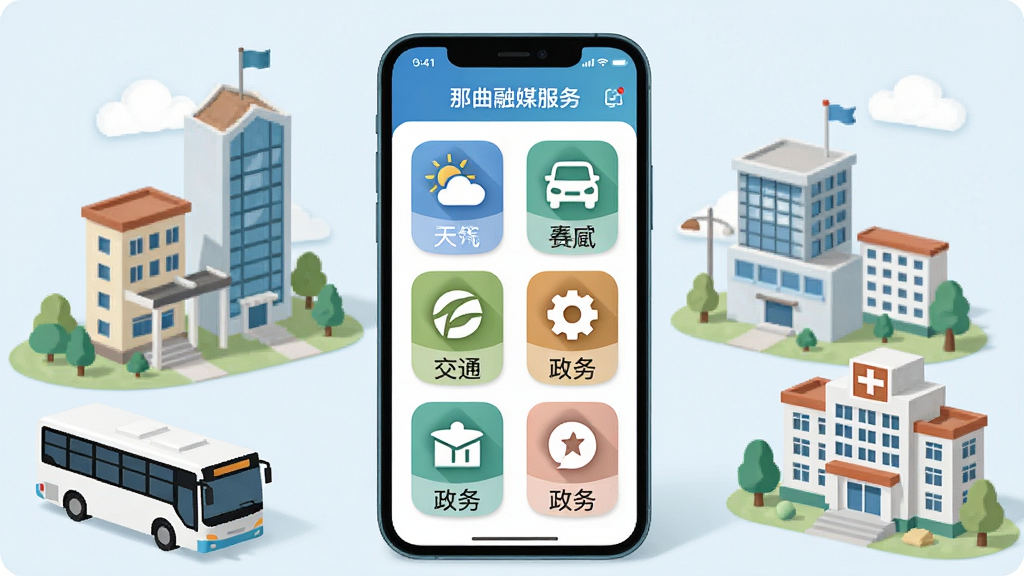 一张表现那曲融媒便民服务功能的AI图片,画面中一部手机屏幕显示着天气、交通、政务等图标网格,手机周围环绕着那曲的城市建筑、公交车、医院等微型场景元素,布局采用手机居中、元素环绕的方式,风格清新扁平化,细节上每个图标下方有藏文与中文标注,画质高清、干净、无多余元素。