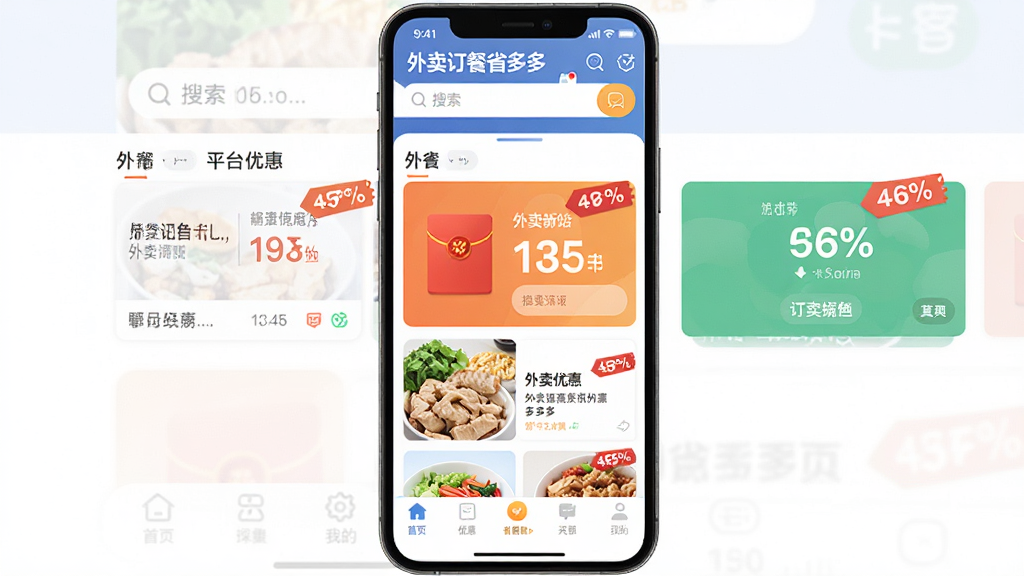 一张手机应用界面展示图,主体为外卖订餐省多多软件首页,布局包含顶部搜索栏、中部外卖平台优惠入口卡片、底部导航菜单,排版清晰有序,风格为现代扁平化设计,细节处展示红包图标和折扣标签,画质高清,干净无多余元素,画面中显示文字“外卖订餐省多多”