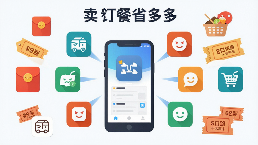 一张信息图表风格的插图,主体为多个外卖平台图标汇聚到一个中心应用界面,布局为左右对称,排版采用环绕式,风格为科技感扁平插画,细节包含红包、优惠券、折扣标签等元素,画质清晰,干净无多余元素,画面中显示文字“外卖订餐省多多”