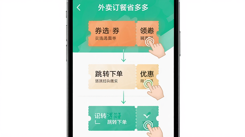 一张手机操作流程图,主体为外卖订餐省多多的一键领券功能界面,布局为纵向步骤展示,排版从上到下依次为选券、领券、跳转下单,风格为简约UI示意图,细节包含手指点击动画和优惠券图标,画质高清,干净无多余元素,画面中显示文字“外卖订餐省多多”