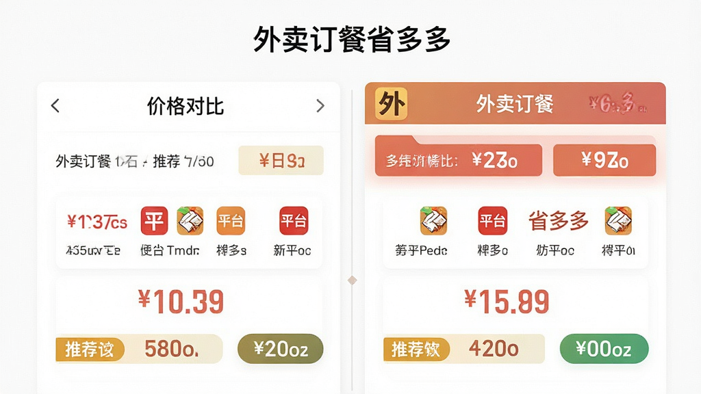 一张比价界面示意图,主体为外卖订餐省多多的多平台价格对比页面,布局为左右分栏对比,排版清晰,风格为商务简约风,细节包含价格数字、平台图标和推荐标签,画质高清,干净无多余元素,画面中显示文字“外卖订餐省多多”