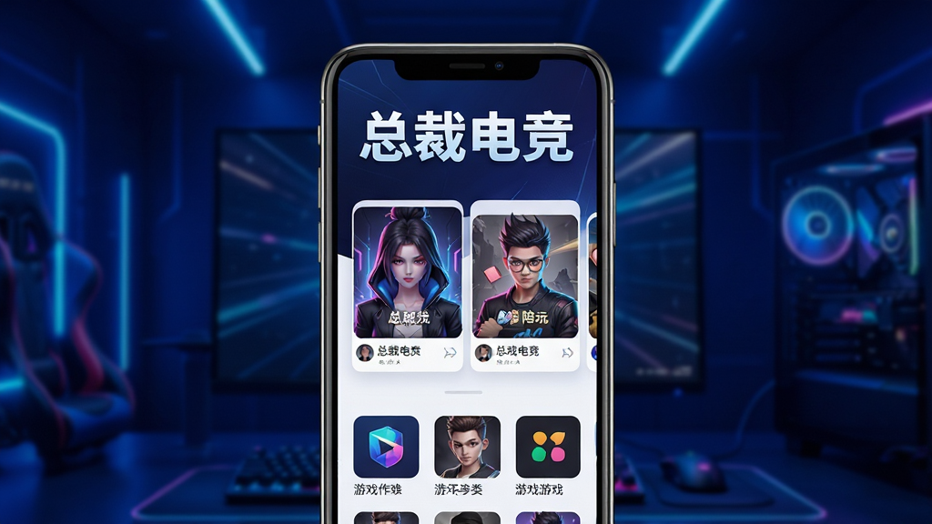 一张展示总裁电竞软件首页界面的图片,画面中央是手机屏幕,屏幕上显示总裁电竞APP的主页,顶部有