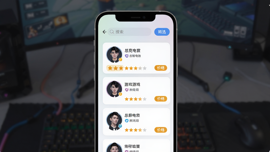 一张展示总裁电竞陪玩列表页面的图片,画面中是手机屏幕显示总裁电竞APP的陪玩列表,每个陪玩卡片包含头像、昵称、游戏段位、评分星级和价格标签,页面顶部有搜索栏和筛选按钮,背景为浅色渐变,布局整齐有序,风格清新简洁,细节丰富,画质高清,干净无多余元素