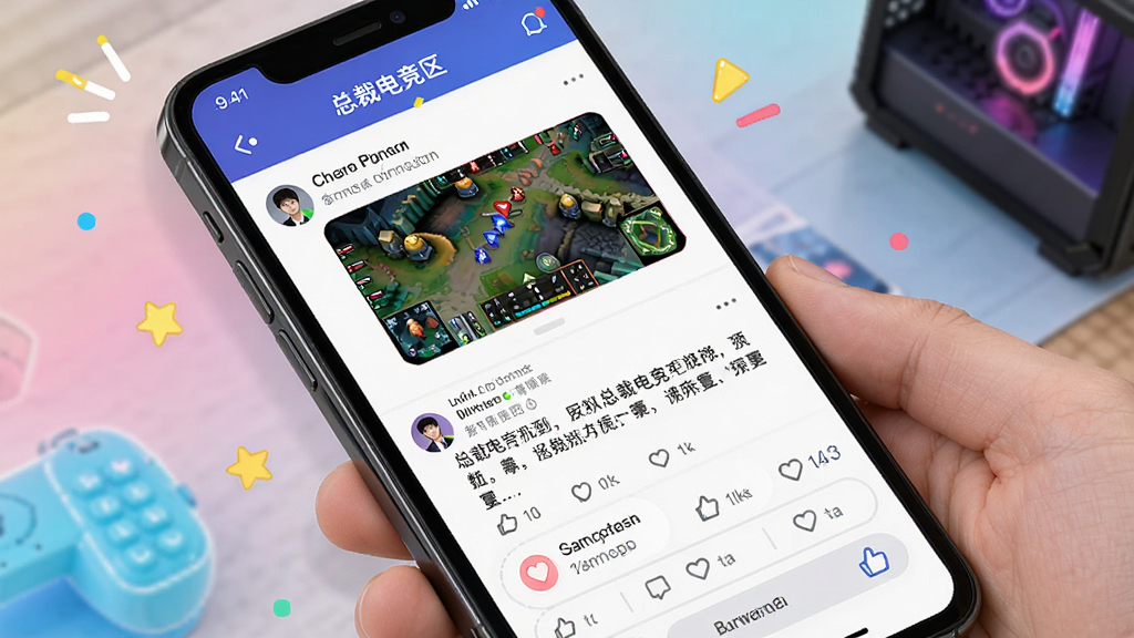 一张展示总裁电竞社区互动页面的图片,画面中手机屏幕显示总裁电竞APP的社区动态页面,包含用户发布的游戏截图、文字动态和点赞评论区域,页面色彩丰富活泼,布局错落有致,风格年轻化,细节生动,画质高清,干净整洁,无多余元素