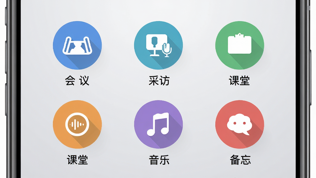 高清录音宝多场景录音模式选择页,手机屏幕排列会议、采访、课堂、音乐、备忘五个圆形图标,背景为浅灰渐变,布局整齐居中,风格扁平化,细节图标带文字标签,画质清晰,干净,无多余元素