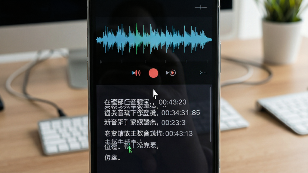 高清录音宝实时转文字界面,手机屏幕上半部显示录音波形,下半部滚动显示中文文字稿,背景为办公桌面,布局上下分栏,风格简洁商务,细节有光标与时间戳,画质清晰,干净,无多余元素