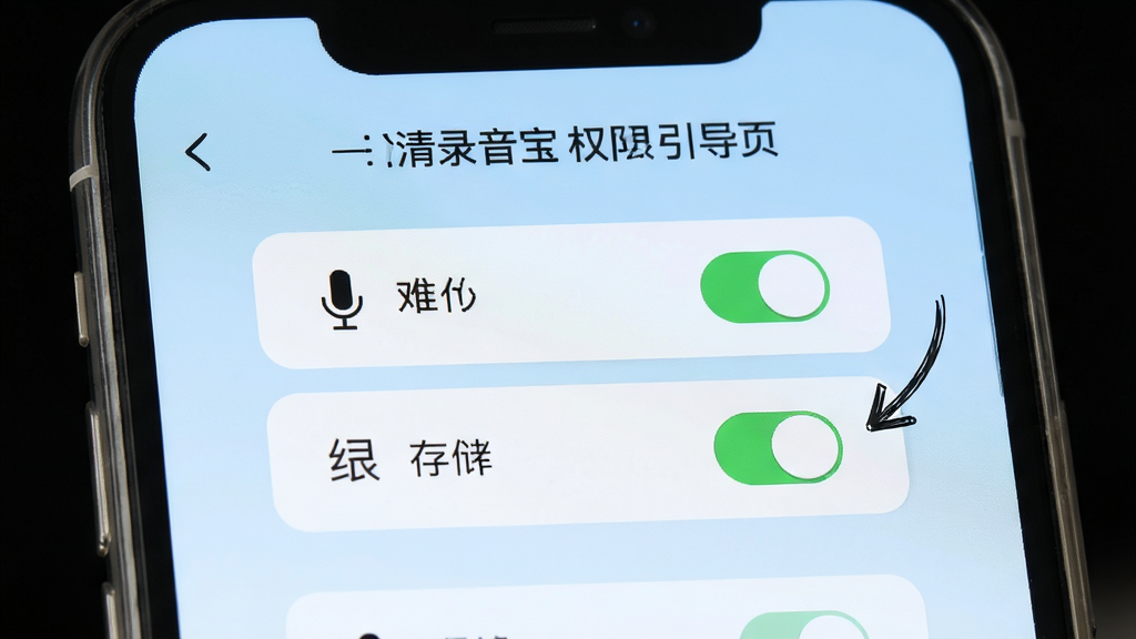 高清录音宝权限设置引导页,手机屏幕显示麦克风与存储权限开关,背景为浅蓝色渐变,布局居中列表,风格清爽引导型,细节有手绘箭头指示,画质清晰,干净,无多余元素