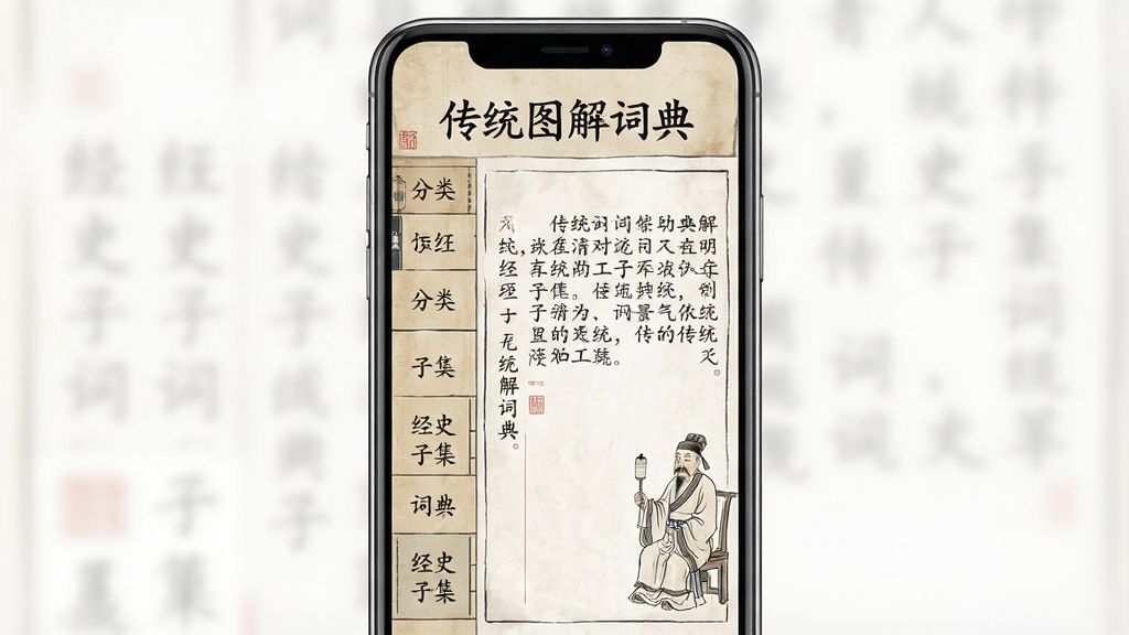 一张展示传统图解词典手机应用界面的图片,主体为一部竖屏智能手机,屏幕中央显示着古风样式的词典查询页面,左侧有分类目录如经史子集,右侧展示词条解释与精美线描插图,布局清晰,排版疏朗,风格为中国传统水墨淡彩,细节上体现书卷气与古典美感,画质高清,画面干净,无多余元素,手机屏幕内文字显示“传统图解词典”字样