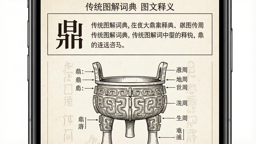 一张展示传统图解词典图文对照功能的图片,主体为手机屏幕特写,屏幕上半部分显示词条“鼎”的释义文字,下半部分展示一件商周青铜鼎的精细线描图,旁边标注各部分名称,布局上下分明,风格为古典图谱样式,细节上体现青铜器纹饰与铭文,画质高清,画面干净,无多余元素,屏幕内文字显示“传统图解词典 图文释义”