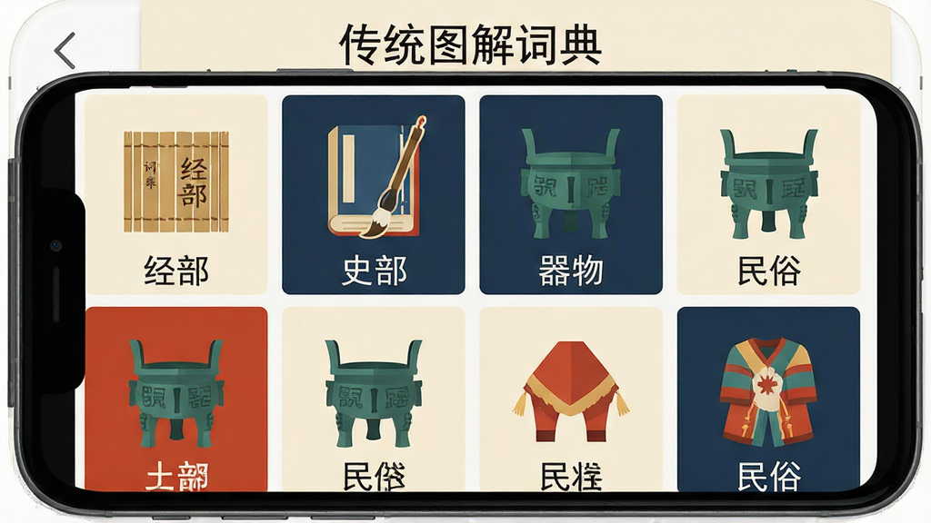 一张展示传统图解词典分类目录的图片,主体为手机屏幕界面,屏幕上显示着十二个古风图标组成的网格布局,每个图标下方有分类名称如“经部”“史部”“器物”“民俗”等,风格为扁平化中国风,配色以米白、黛青、朱红为主,细节上图标设计融入竹简、毛笔、铜鼎等元素,画质高清,画面干净,无多余元素,屏幕顶部显示“传统图解词典”字样