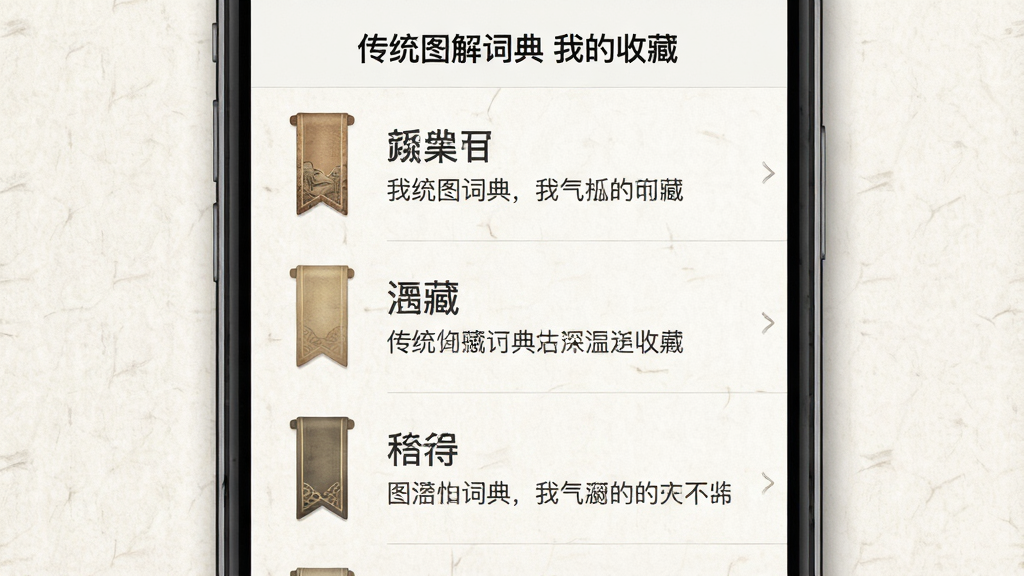一张展示传统图解词典离线收藏功能的图片,主体为手机屏幕界面,屏幕中央显示收藏夹列表,每一条目左侧有古风书签图标,右侧显示词条名称与简短释义,布局为纵向列表,风格为简约古典,细节上背景有淡淡的宣纸纹理,画质高清,画面干净,无多余元素,屏幕顶部显示“传统图解词典 我的收藏”字样