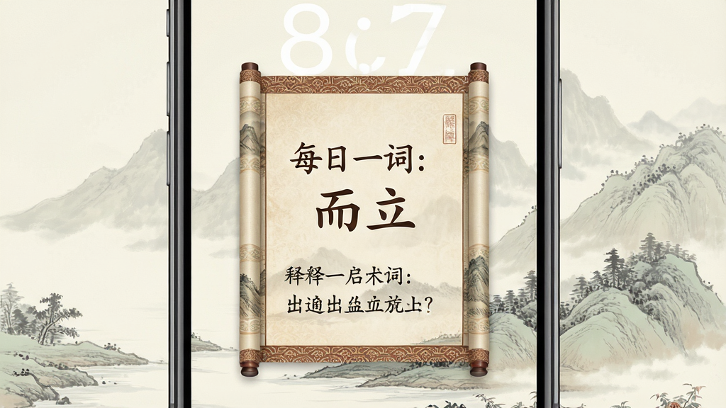 一张展示传统图解词典每日一词推送的图片,主体为手机锁屏界面,屏幕中央显示一张古风卡片,卡片上写着“每日一词:而立”,下方有简短释义与出处,背景为淡雅的山水画局部,布局居中,风格为文艺古典,细节上卡片边缘有卷轴纹样,画质高清,画面干净,无多余元素