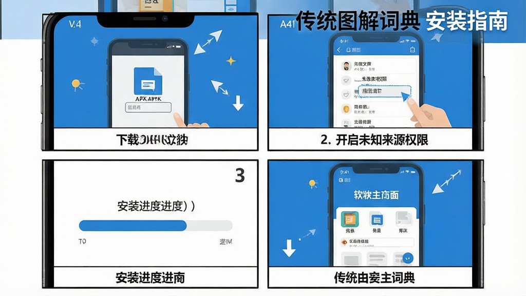 一张展示传统图解词典安装步骤的图片,主体为手机屏幕四格漫画式布局,第一格显示下载APK文件,第二格显示开启未知来源权限,第三格显示安装进度条,第四格显示软件主界面,风格为扁平化信息图,配色以蓝白为主,细节上每格配有简短文字说明,画质高清,画面干净,无多余元素,画面中标注“传统图解词典 安装指南”字样