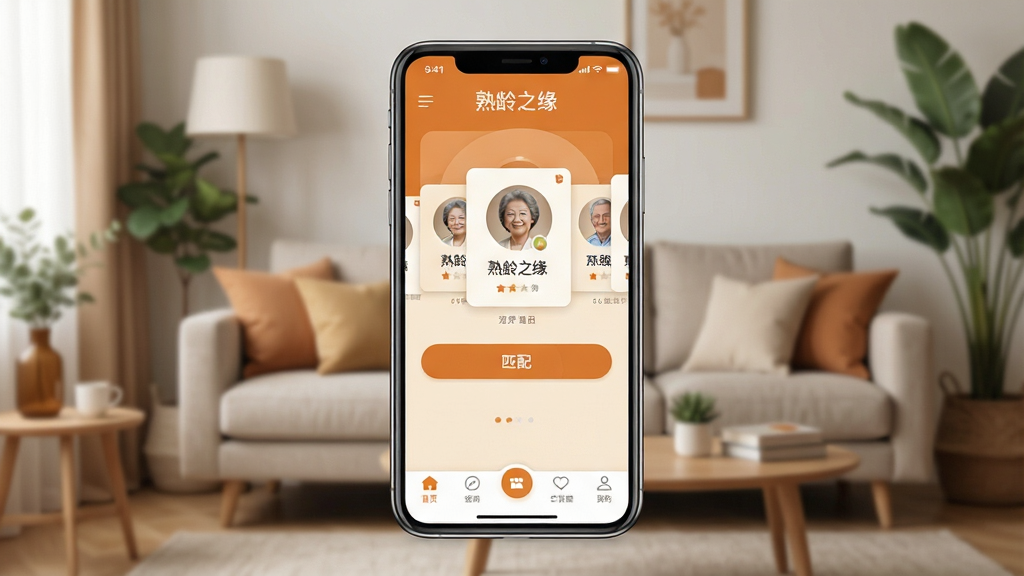 一张展示熟龄之缘APP主界面的手机样机图,画面中央是一部智能手机,屏幕显示熟龄之缘应用首页,界面以暖橙色和浅米色为主色调,顶部有
