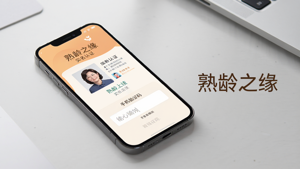 一部手机屏幕展示熟龄之缘实名认证页面,界面中有身份证上传区域和手机验证码输入框,页面设计简洁,暖色调,旁边有
