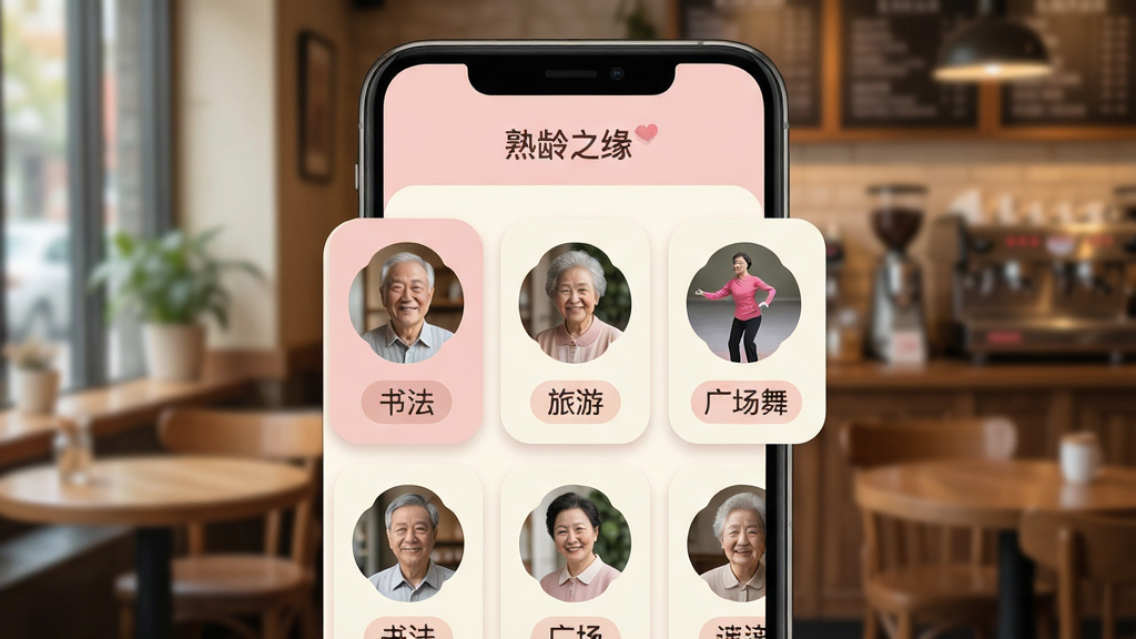 一张熟龄之缘兴趣匹配功能界面图,手机屏幕显示多个用户头像卡片排列,每个卡片下方标注兴趣标签如