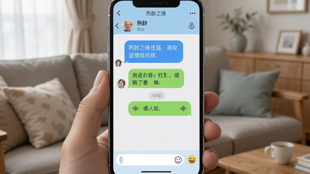 展示熟龄之缘聊天界面的手机截图,屏幕中有对话气泡,包含文字和语音消息条,底部有输入框和表情按钮,界面顶部显示对方头像和昵称,整体配色为浅蓝色与白色,顶部有