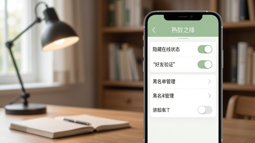 一部手机展示熟龄之缘隐私设置页面,界面中有多个开关按钮和选项列表,包括