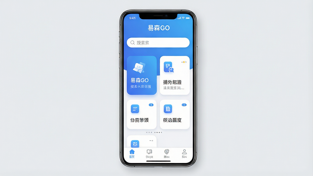 一张展示“易森GO”手机应用主界面的场景图,画面中央是一部竖屏智能手机,屏幕内显示“易森GO”应用首页,布局包含顶部搜索栏、中部功能卡片区和底部导航菜单,整体色调以蓝白渐变为主,风格简洁现代,细节包含图标圆角、柔和阴影和清晰文字,画质高清干净,无多余元素,背景为浅灰色纯色,光线明亮均匀