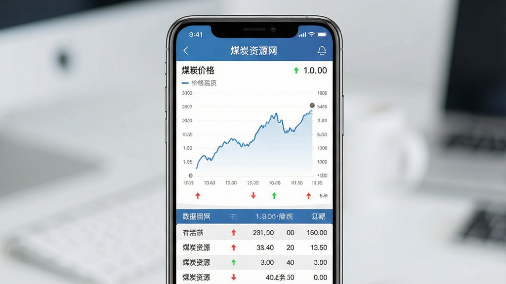 煤炭资源网App实时行情界面,展示煤炭价格走势图与数据列表,手机屏幕中央显示“煤炭资源网”字样,主体为手机应用界面,布局清晰,排版简洁,风格现代商务,细节包含价格曲线、涨跌箭头、数据表格,画质高清,干净,无多余元素
