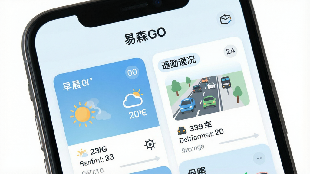一张展示“易森GO”智能场景聚合功能的界面示意图,画面主体为手机屏幕,屏幕内显示根据时间变化的卡片布局,左侧为早晨天气卡片,右侧为通勤路况卡片,风格扁平化设计,色调以浅蓝和白色为主,细节包含时间标签、图标和简短文字,画质高清干净,背景为纯白,无多余元素