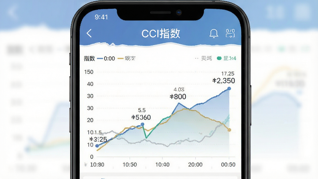 煤炭资源网App CCI指数查询页面,展示指数曲线与数值,手机屏幕上方显示“CCI指数”标题,主体为手机应用界面,布局上下结构,排版规整,风格专业数据可视化,细节包含折线图、数据标注、时间轴,画质清晰,干净,无多余元素