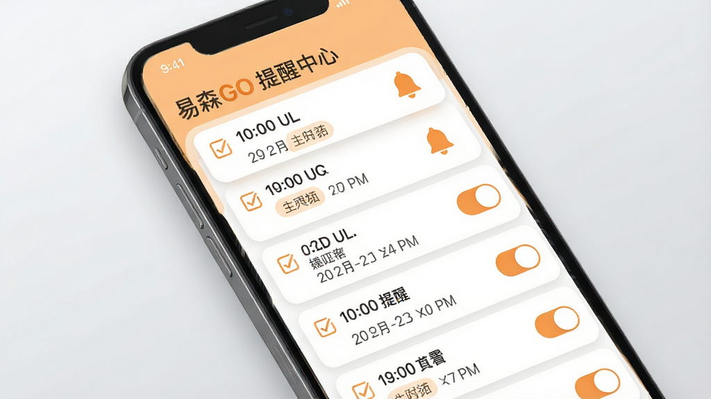 一张展示“易森GO”提醒中心界面的场景图,画面为手机屏幕,屏幕内显示多条提醒事项列表,包含时间、标签和开关按钮,风格为卡片式布局,色调以浅橙色和白色为主,细节包含勾选框、铃铛图标和日期文字,画质高清干净,背景为浅灰渐变,无多余元素
