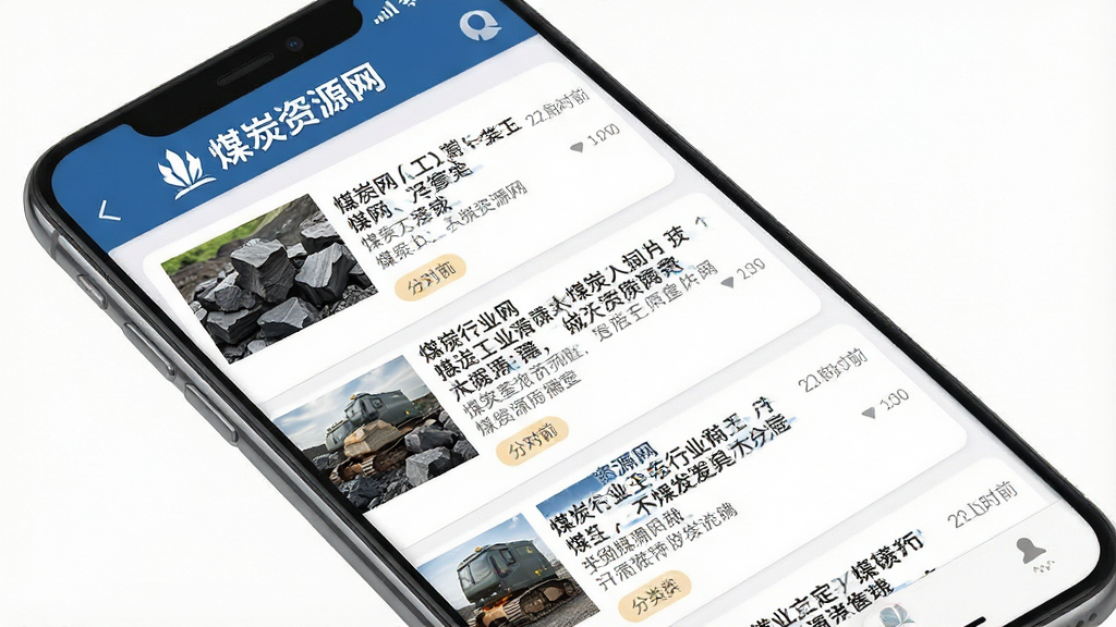 煤炭资源网App资讯列表界面,展示多条煤炭行业新闻标题与摘要,手机屏幕顶部显示“煤炭资源网”标志,主体为手机应用界面,布局列表式,排版整齐,风格新闻阅读类,细节包含新闻缩略图、时间标签、分类标签,画质高清,干净,无多余元素
