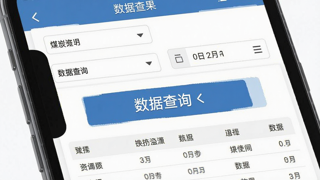 煤炭资源网App数据查询界面,展示筛选条件与数据结果表格,手机屏幕中央显示“数据查询”按钮,主体为手机应用界面,布局上下分区,排版紧凑,风格商务工具类,细节包含下拉菜单、日期选择器、数据表格,画质清晰,干净,无多余元素
