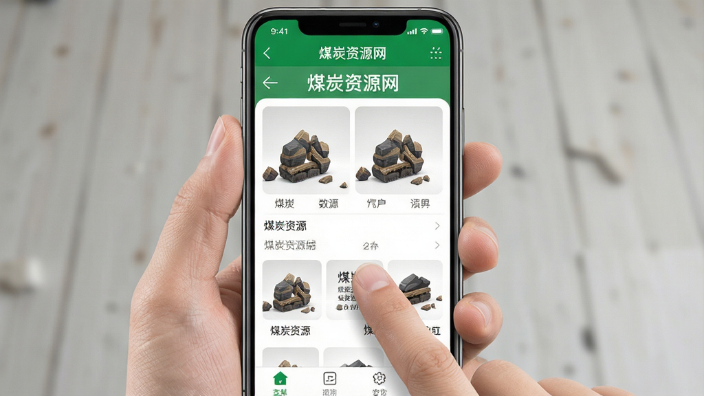 煤炭资源网App移动端操作演示图,展示手机屏幕上App首页与菜单栏,主体为手持手机,布局居中,排版简洁,风格写实,细节包含手指点击屏幕、App界面清晰可见“煤炭资源网”字样,画质高清,干净,无多余元素