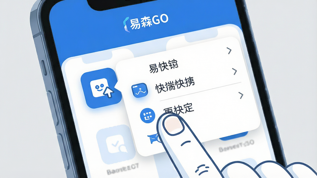 一张展示“易森GO”在手机端操作手势的示意图,画面为手机屏幕特写,屏幕内显示手指长按图标弹出快捷菜单的瞬间,风格为扁平化插画,色调以蓝色和白色为主,细节包含手指轮廓、菜单选项和图标高亮效果,画质高清干净,背景为浅灰纯色,无多余元素