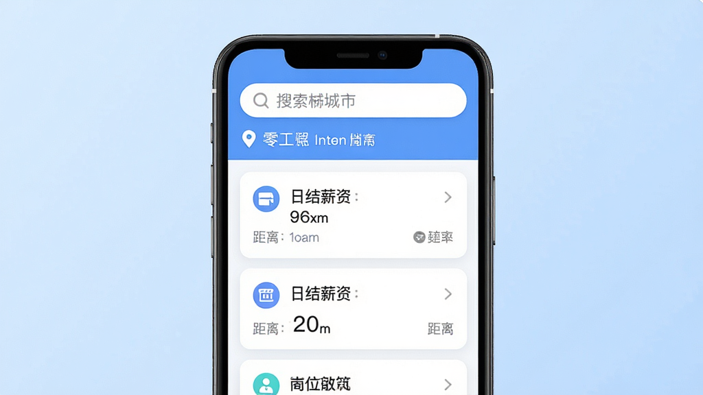 零工日结兼职应用主界面展示,画面中央是手机屏幕,屏幕内呈现列表式岗位卡片布局,顶部有搜索栏和定位城市,卡片上标注日结薪资与距离,背景为浅蓝色渐变,风格为扁平化科技感,细节包含图标与文字排版清晰,画质高清,画面干净无多余元素。
